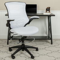 Flash Furniture BL-X-5M-D-WH-GG Mid-Back White Mesh Ergonomic Drafting Chair with Adjustable Foot Ring and Flip-Up Arms